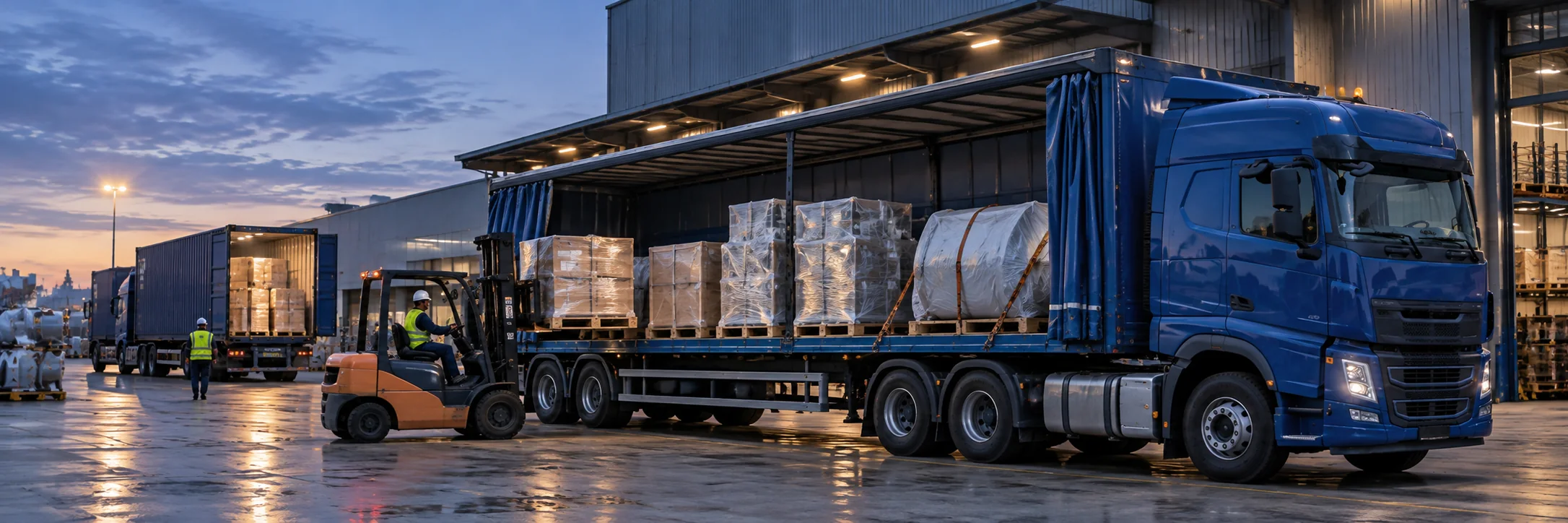 Palletised industrial goods being loaded onto an open-sided freight truck at a warehouse