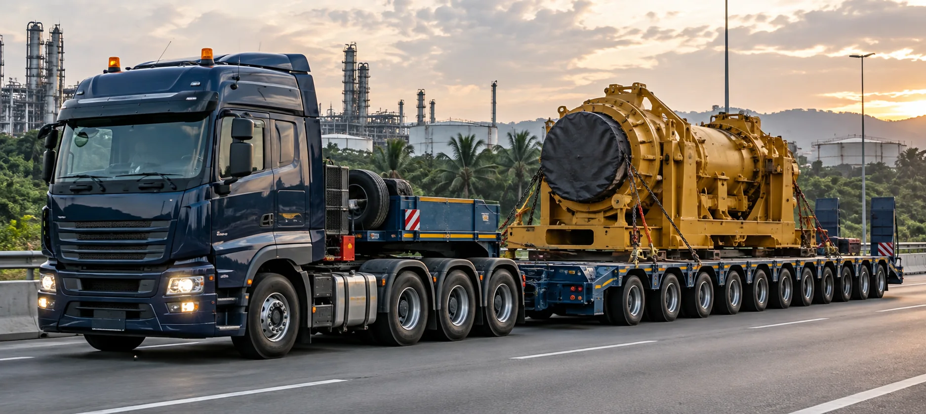 Heavy-haul low-loader truck transporting secured industrial machinery