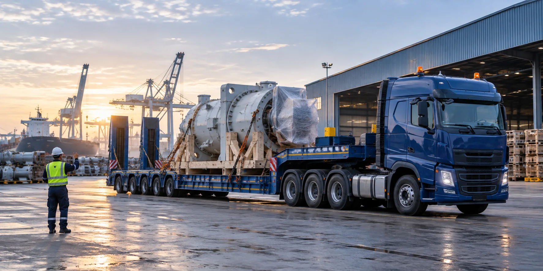 Low-loader truck transporting a secured industrial machine at a Southeast Asian cargo terminal